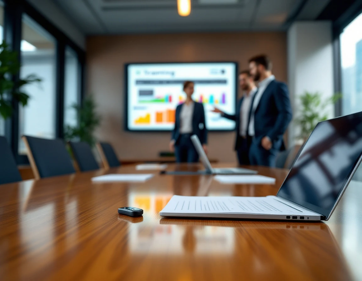Corporate training room with presenter tools and professionals reviewing employee development metrics on monitor