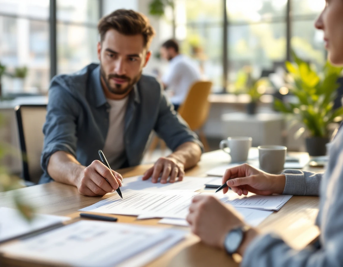 Two people reviewing training materials together at an office desk on a bright morning