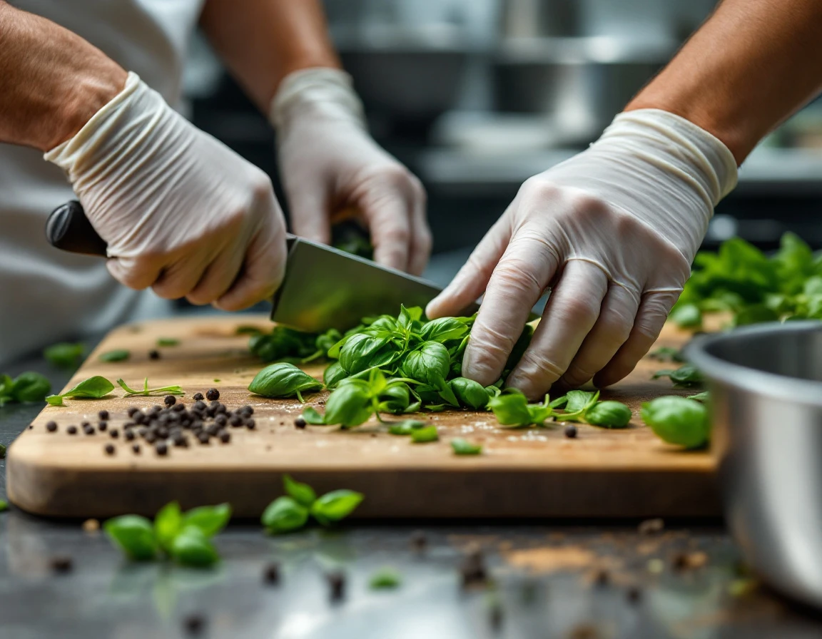 Mentor and trainee hands working together chopping fresh herbs on commercial prep station during kitchen training