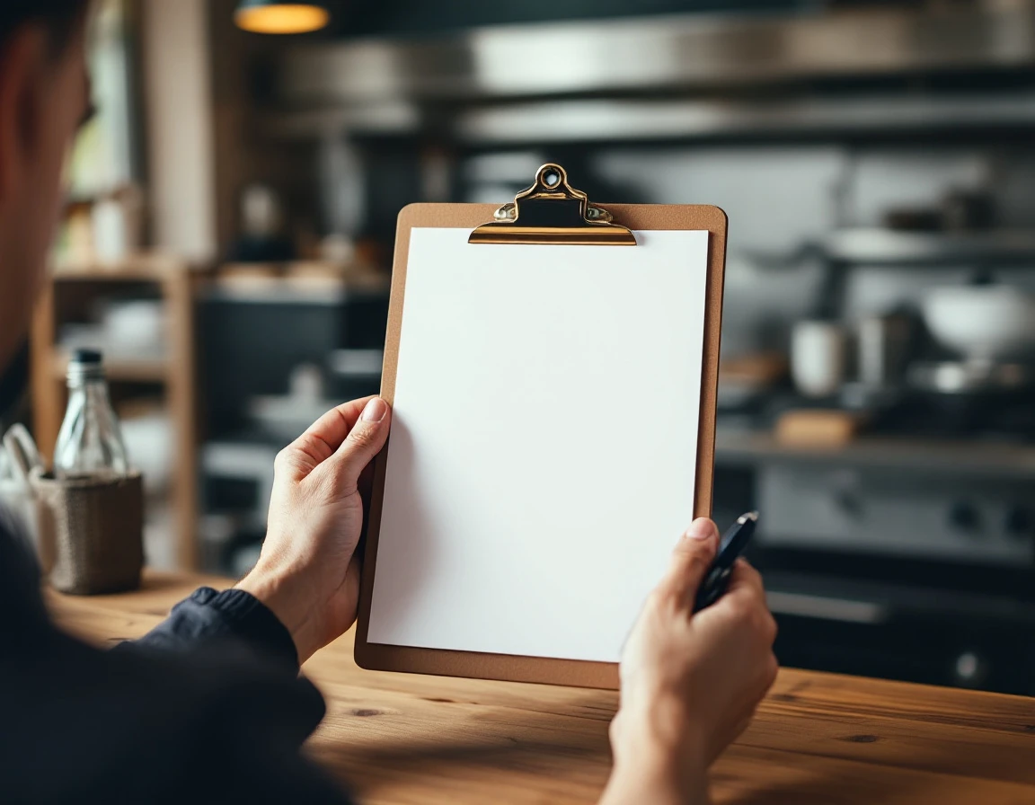 Hands holding blank clipboard with pen during kitchen staff training session in restaurant workspace
