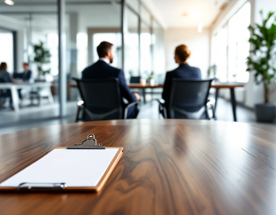Professional interview setting with clipboard and candidates in modern office environment with natural lighting