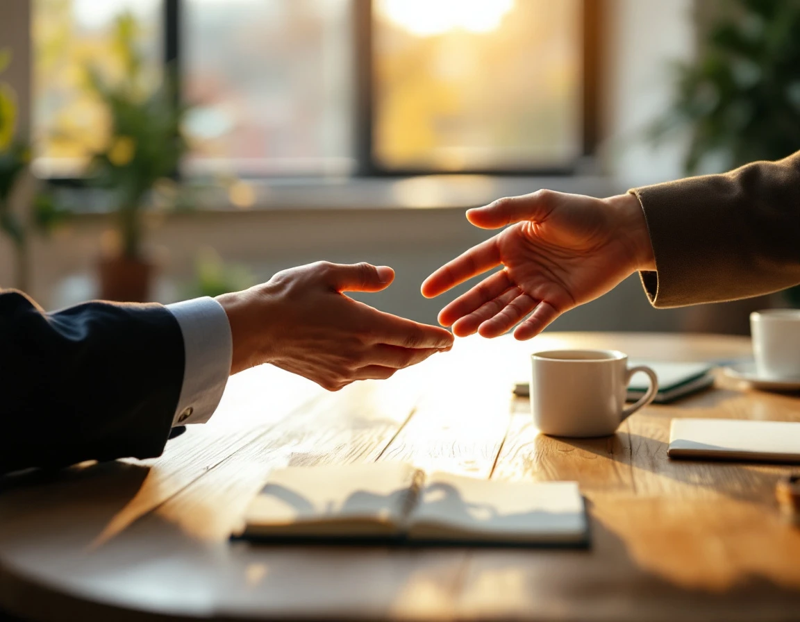 Two hands meeting across an office table in natural light, depicting a moment of professional connection