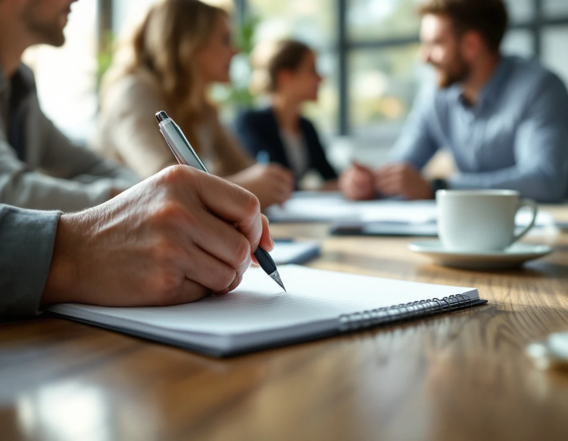 Professional meeting scene with pen and blank notepad on conference table during workplace discussion