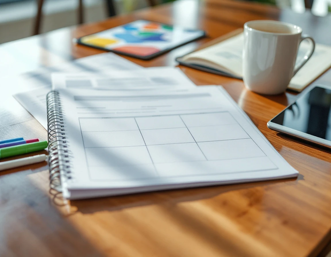 Professional training materials and colored markers arranged on wooden desk for AI governance workshop
