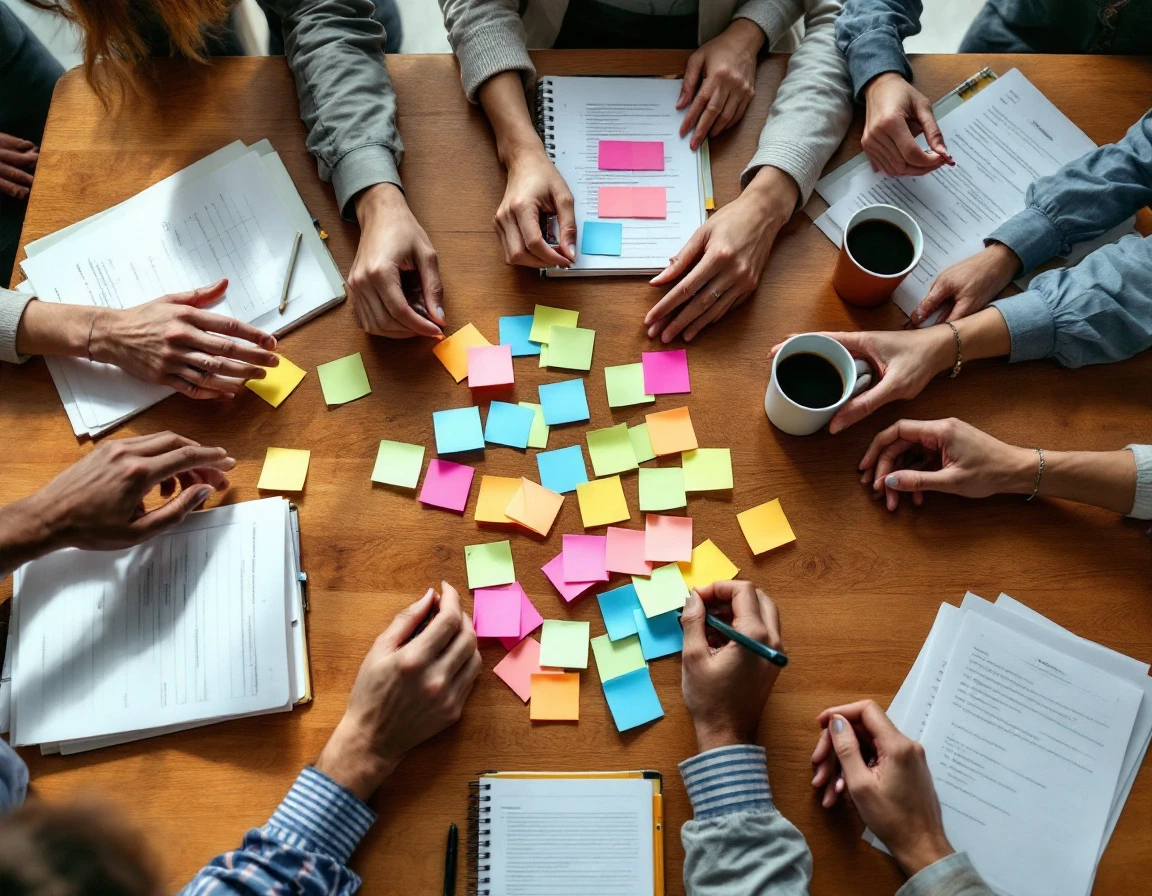Hands collaborating around training materials and sticky notes on wooden conference table during workshop