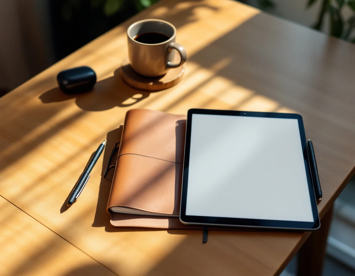 Modern training workspace with notebook, tablet, and learning tools arranged on wooden desk with natural lighting