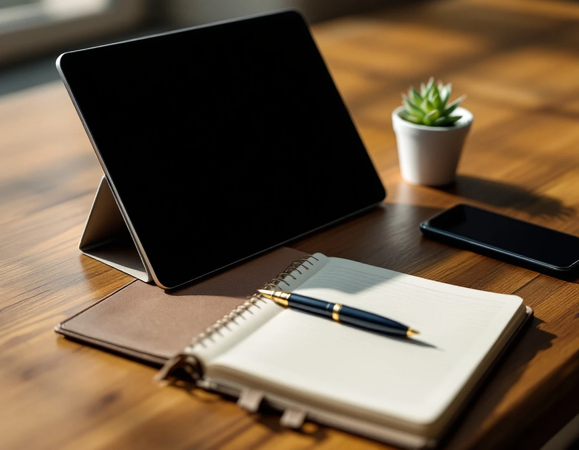 Tablet and notebook on wooden desk with natural lighting for retail training preparation