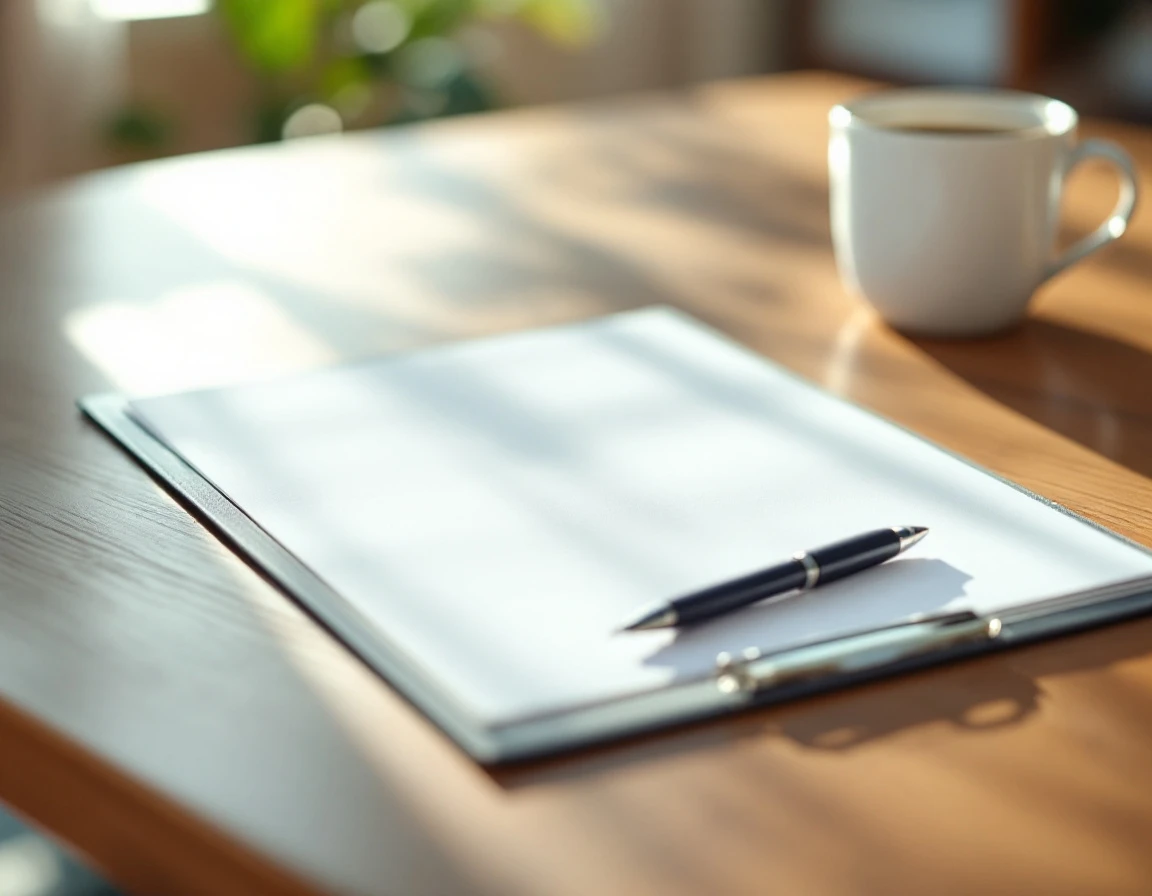 Clipboard with blank paper and pen on wooden table in bright training room setting