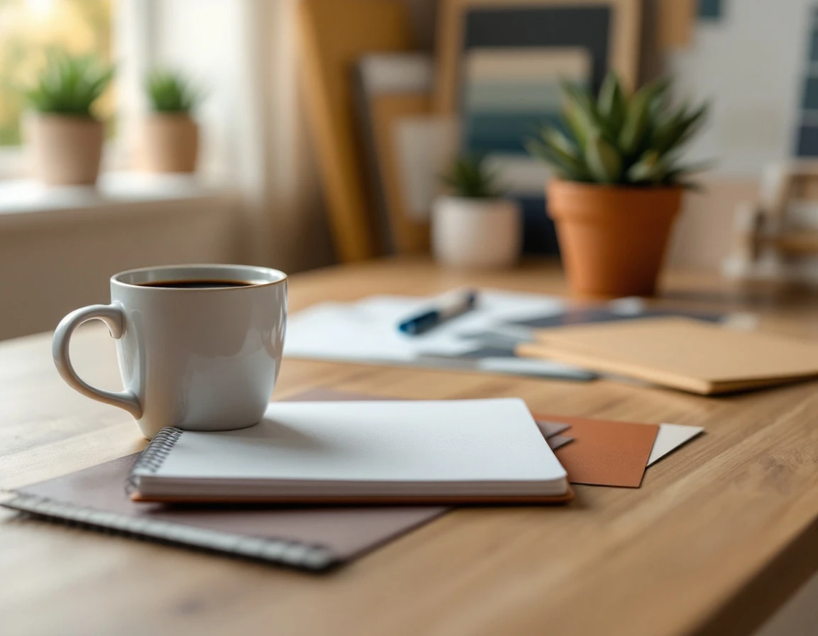 Organized workspace with notepad, coffee, and design materials representing workplace policy documentation