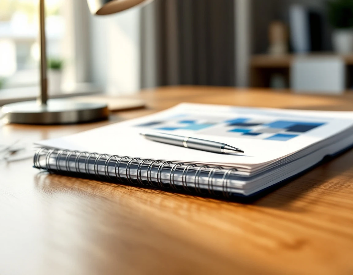 Spiral-bound employee handbook on desk with pen and lamp in professional office setting
