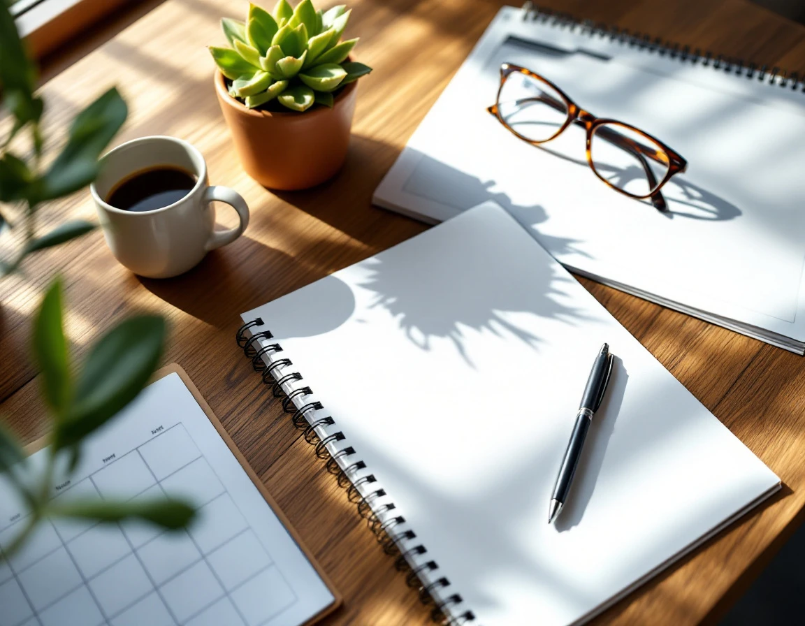 Professional desk workspace with blank notebook, coffee mug, glasses, and planner for certification tracking