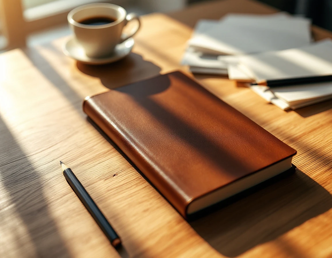Professional desk workspace with closed journal and pencils in warm natural lighting