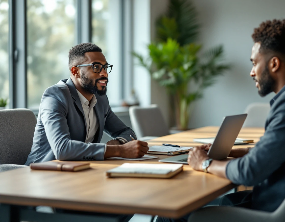 Manager coaching employee in focused one-on-one mentoring session at modern office workspace