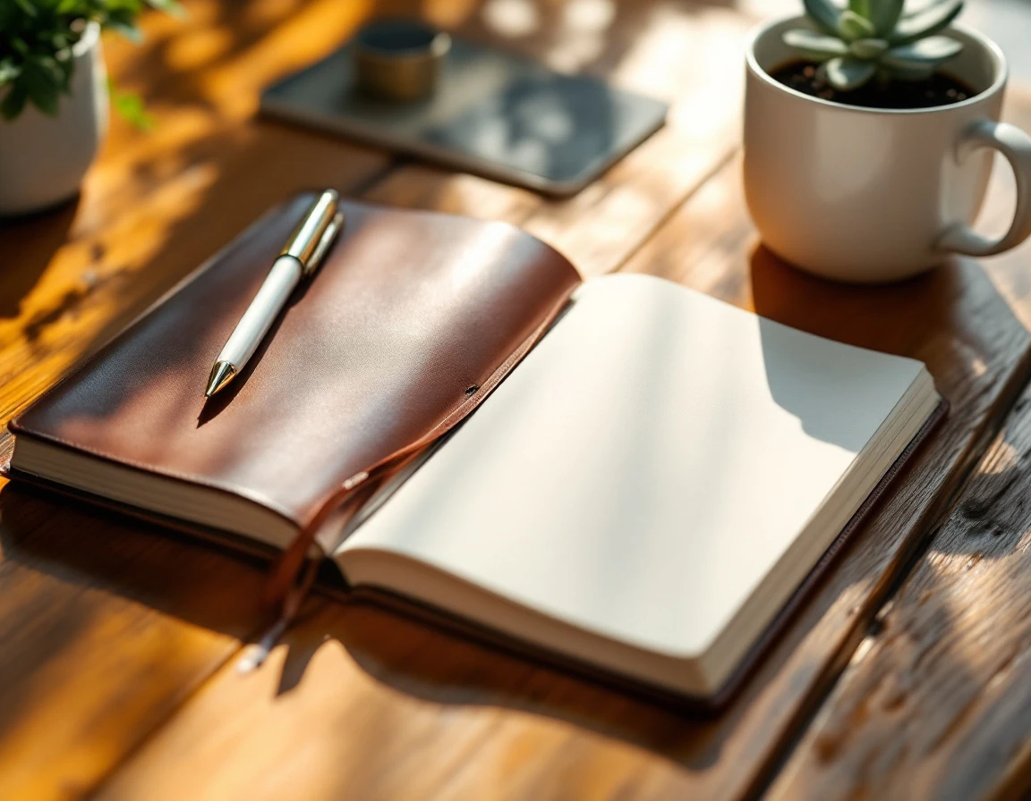 Blank leather planner on wooden desk with fountain pen, coffee cup, and succulent plant in warm natural light