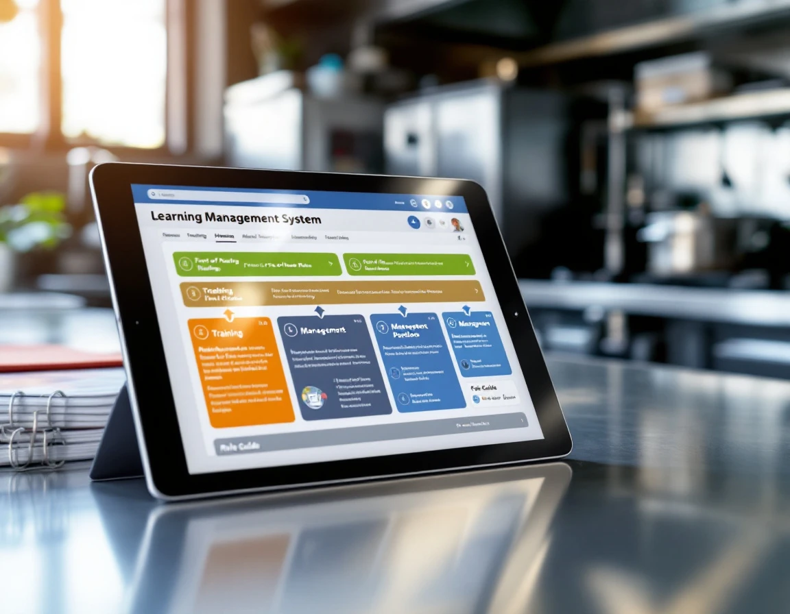 Tablet displaying role-based training pathways for restaurant employees with color-coded learning modules