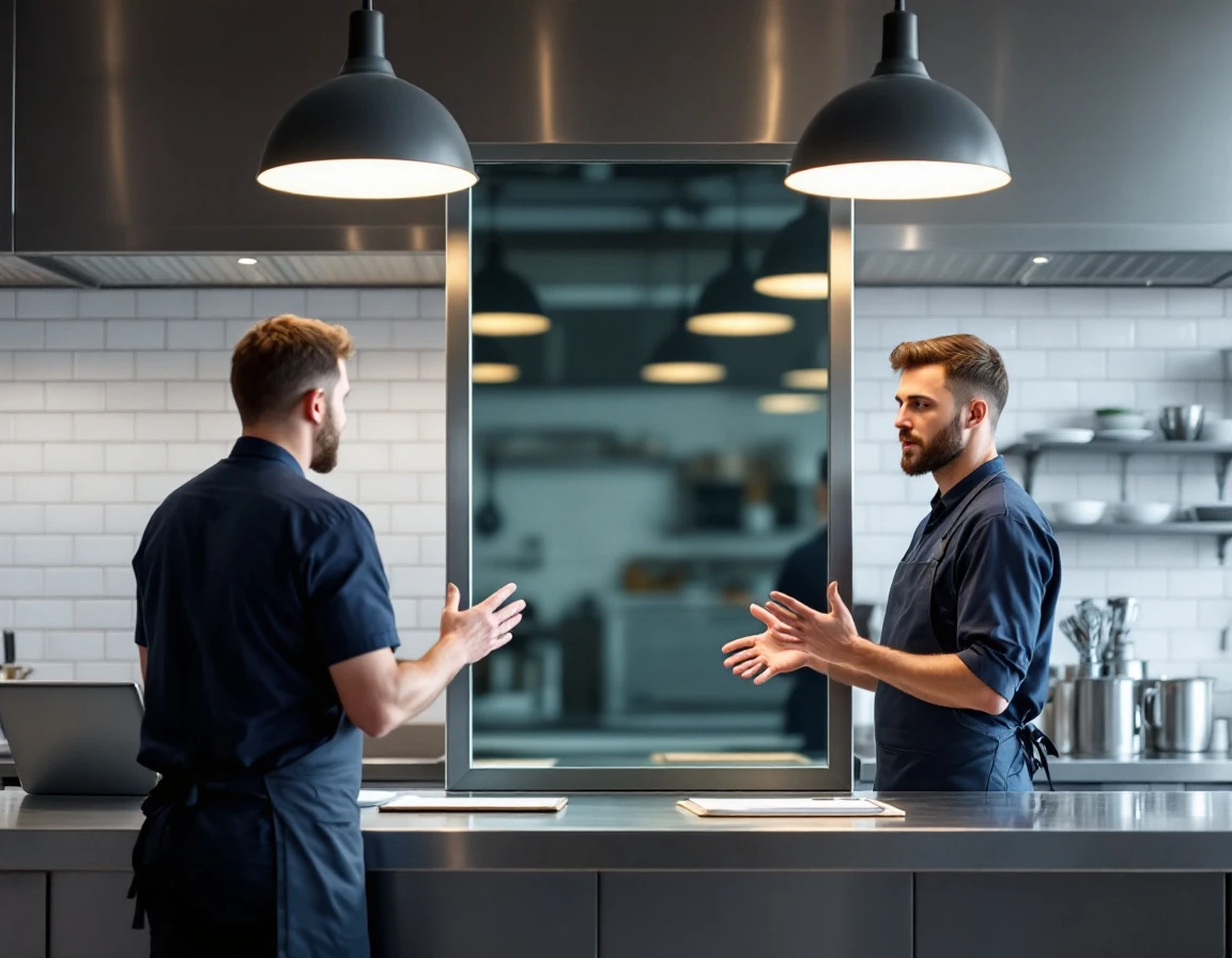 Two restaurant workers in aprons at prep counter with blank devices during training session