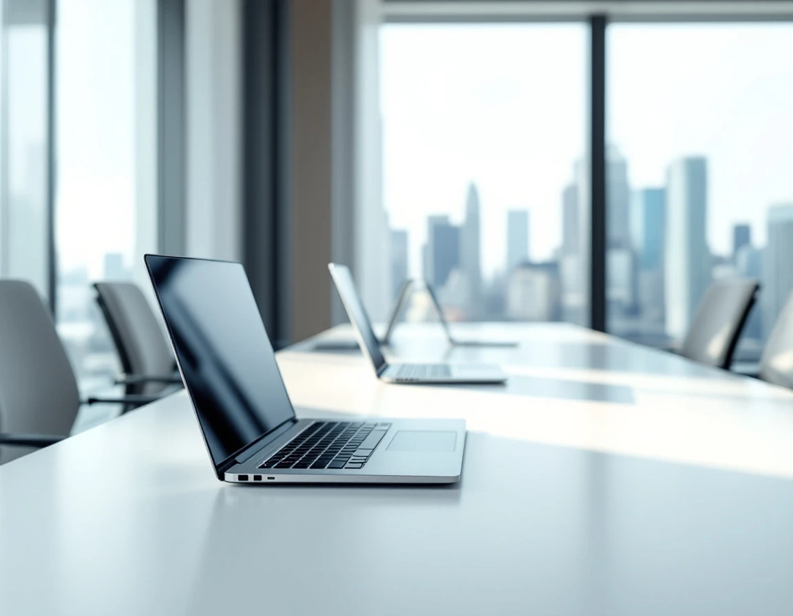 Modern corporate training room with laptops arranged on conference table, natural window lighting