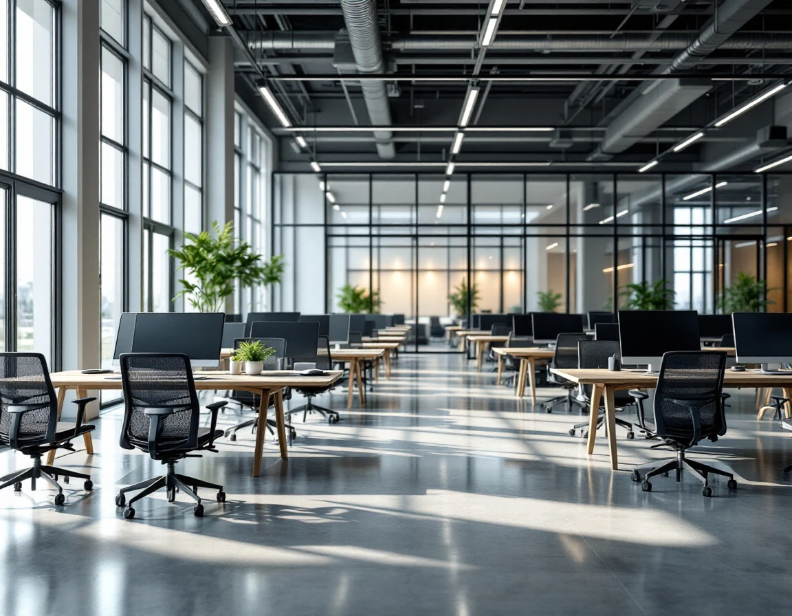 Modern corporate training facility with collaborative workstations and natural lighting