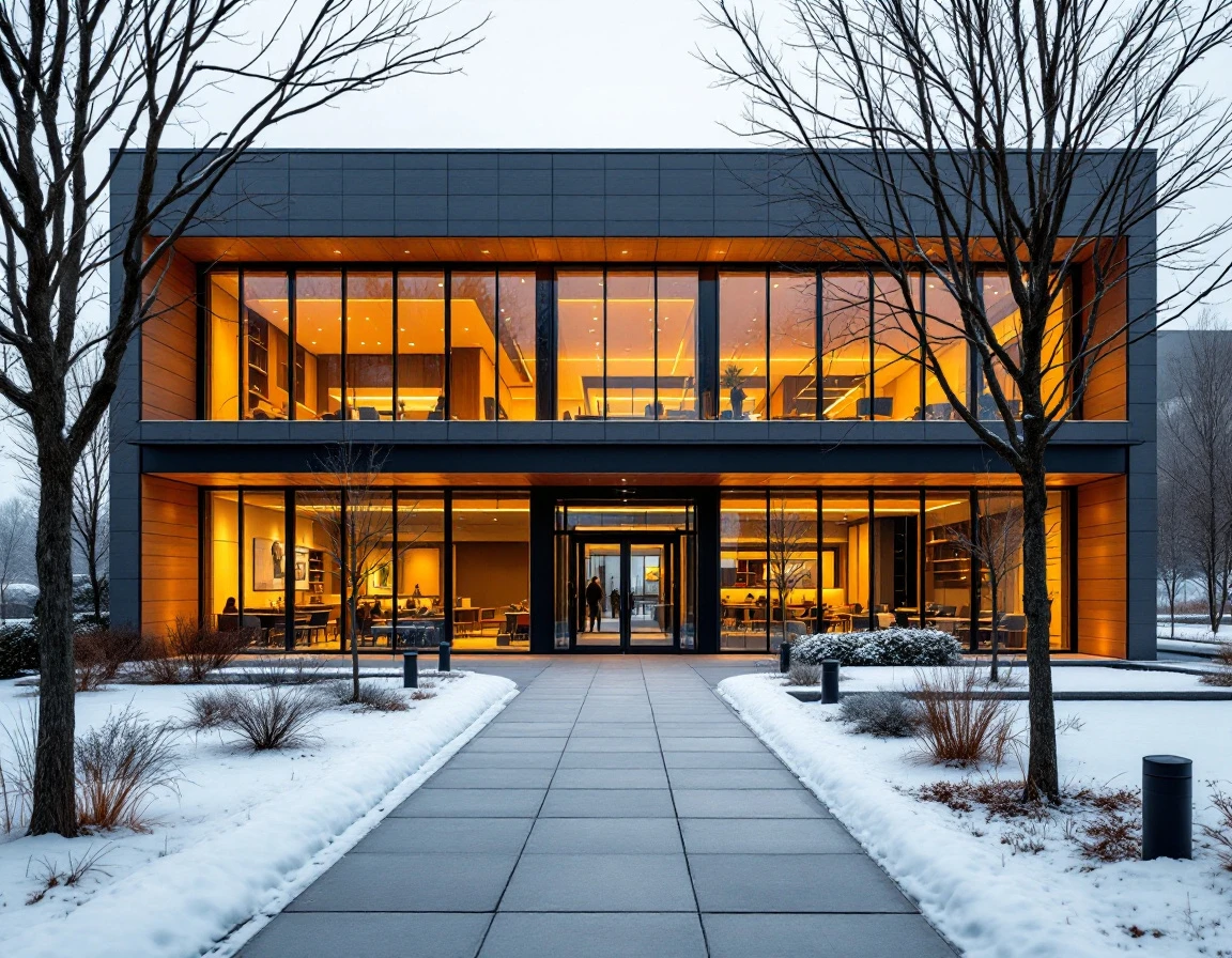 Modern corporate training center building with glass windows and contemporary architecture in winter setting