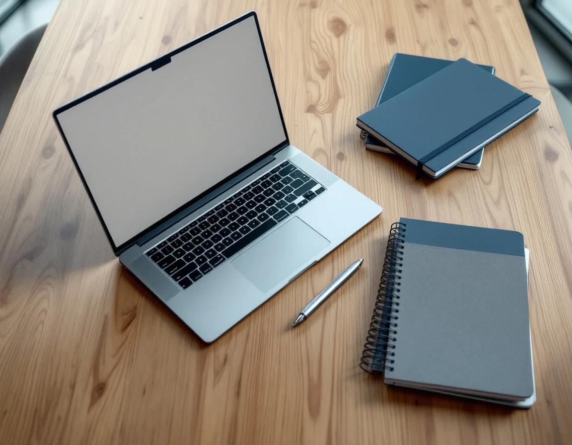 Flat-lay of corporate training materials and laptop on conference table with blurred, illegible content