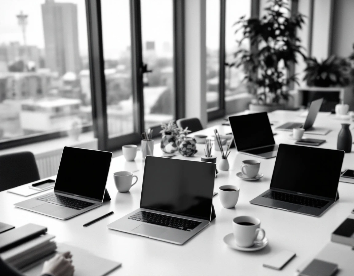 Multiple laptops and tablets with blurred screens arranged on modern office desk with coffee cups