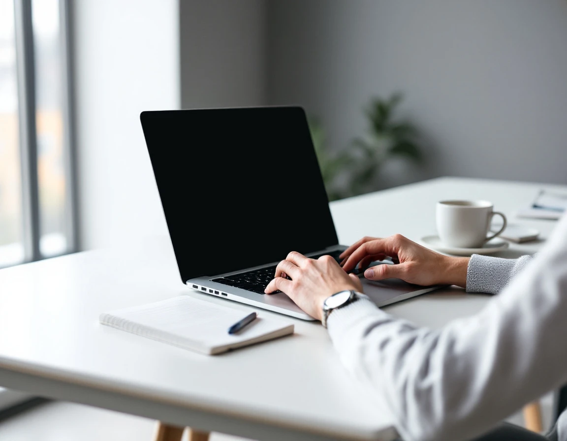 Minimalist training workspace with laptop, notebook, and coffee in natural office lighting