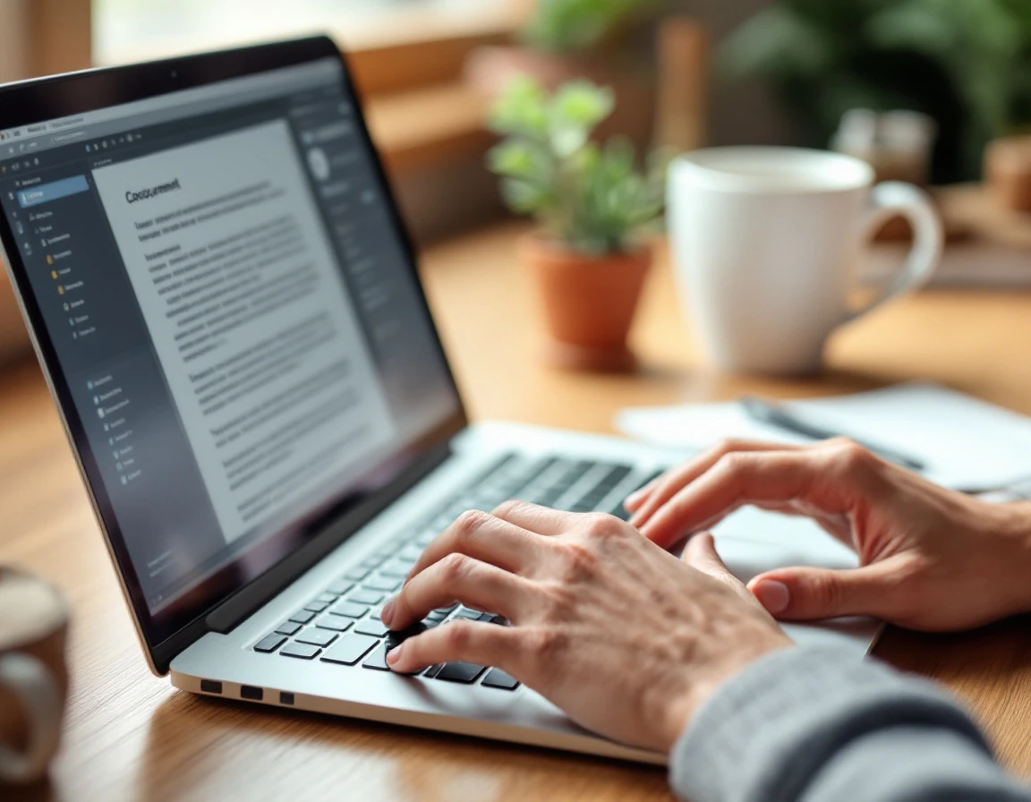 Close-up of hands typing on laptop keyboard in professional training workspace with coffee and plants