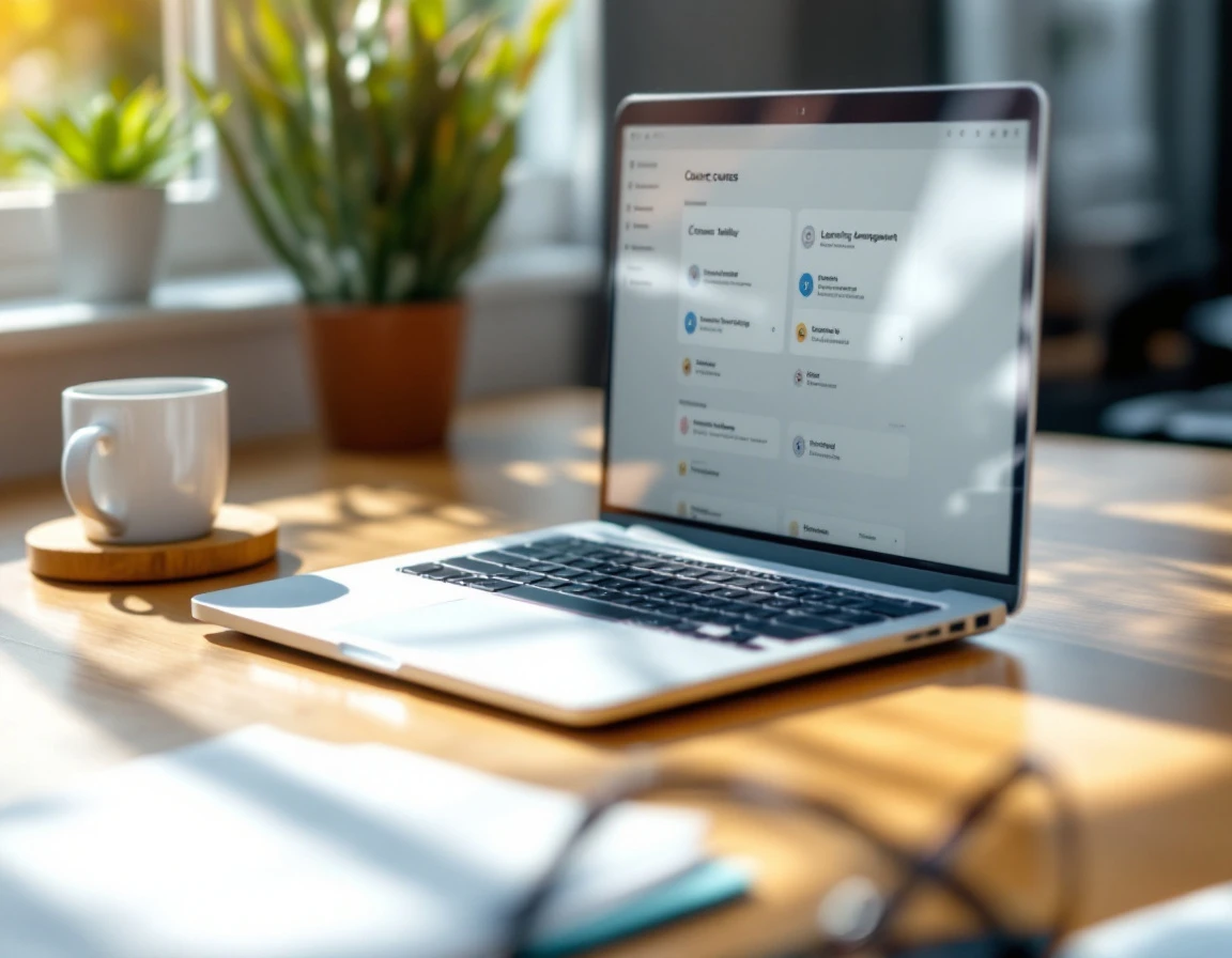 Laptop displaying professional learning management dashboard on wooden desk with coffee and plant
