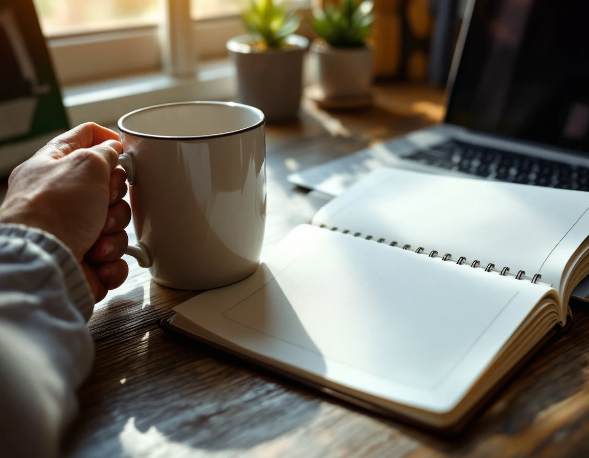 Workspace desk with open blank notebook, laptop keyboard, coffee mug, and succulent plant in natural light