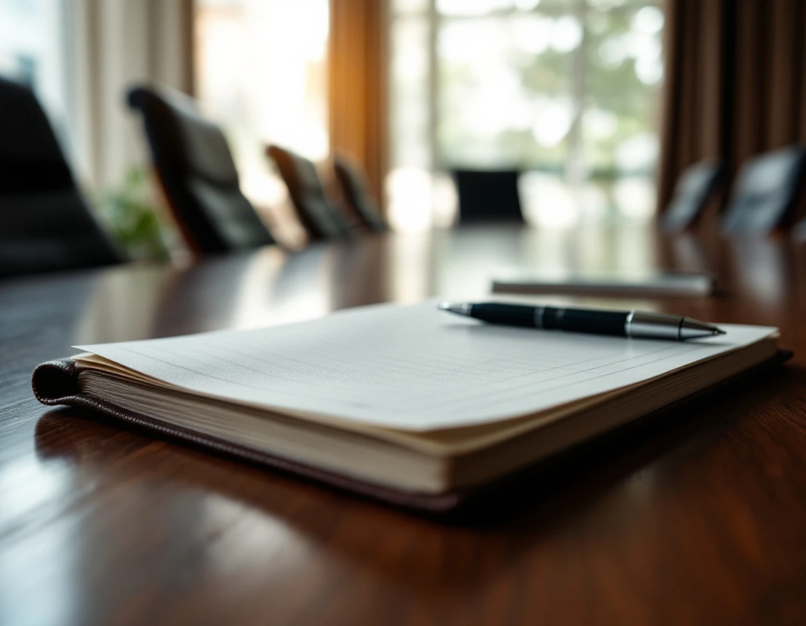 Notebook and pen on conference table prepared for workplace investigation training session