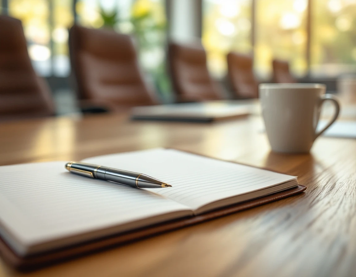 Training materials and notebook on conference table during workplace compliance session