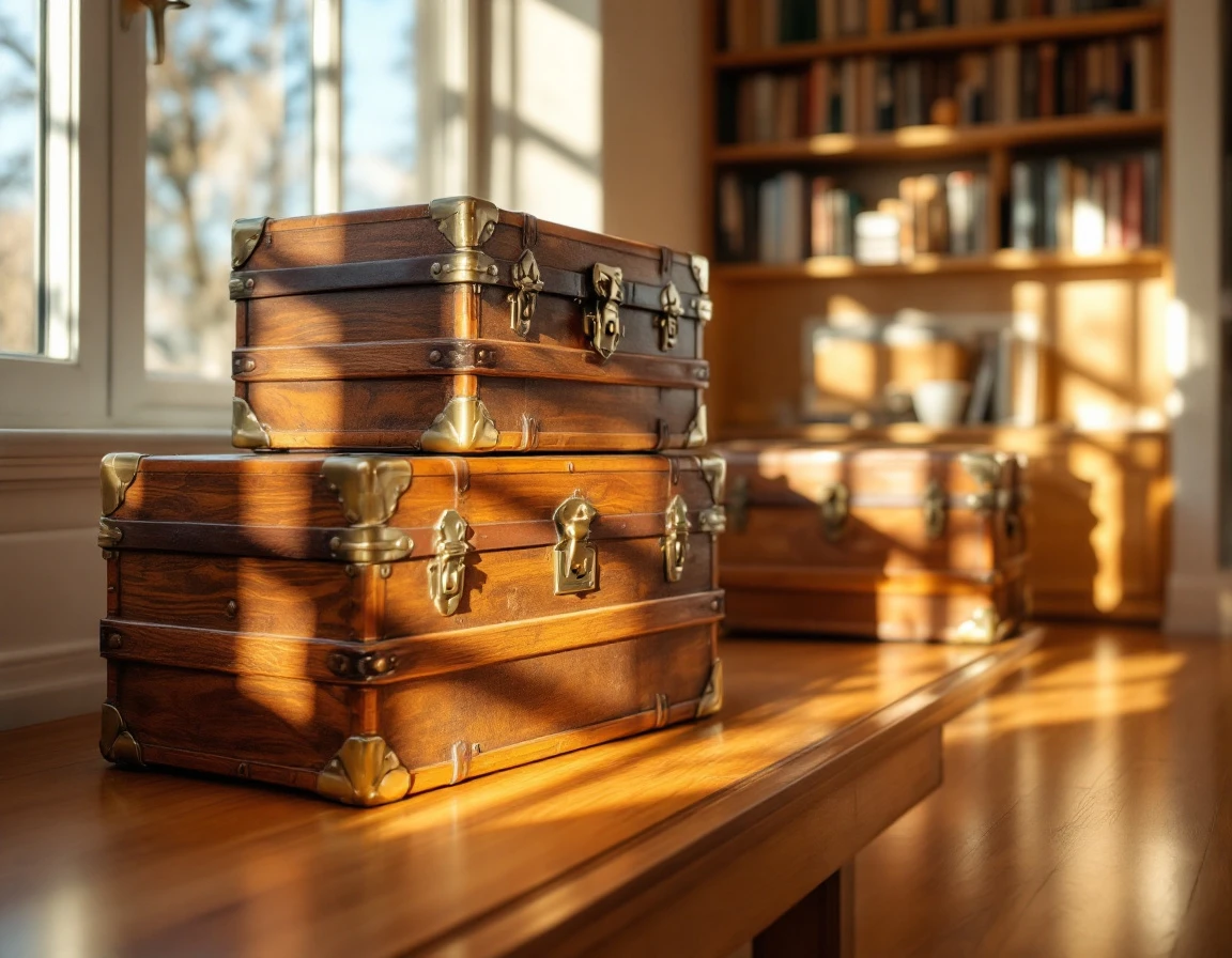 Vintage wooden storage trunks with aged leather straps in naturally lit office workspace