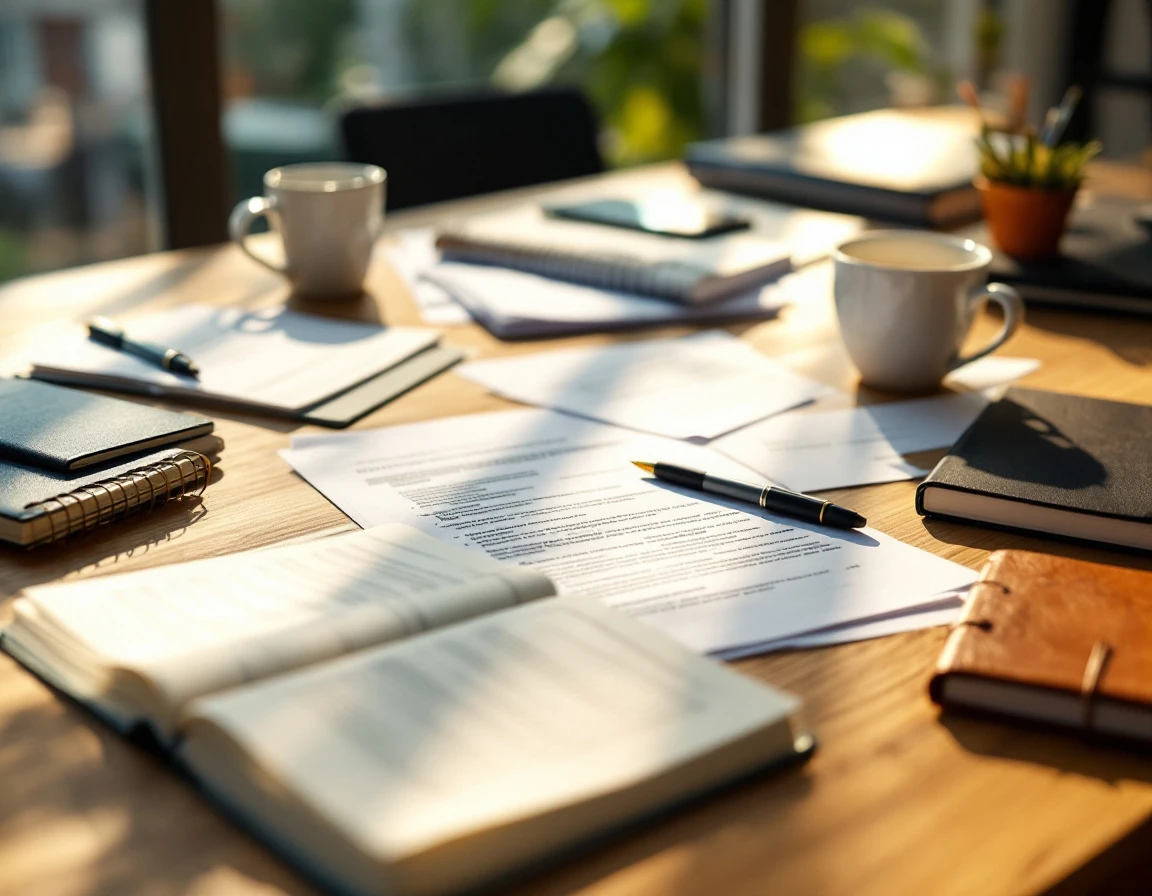 Professional desk workspace with planning materials and natural lighting suggesting strategic business development