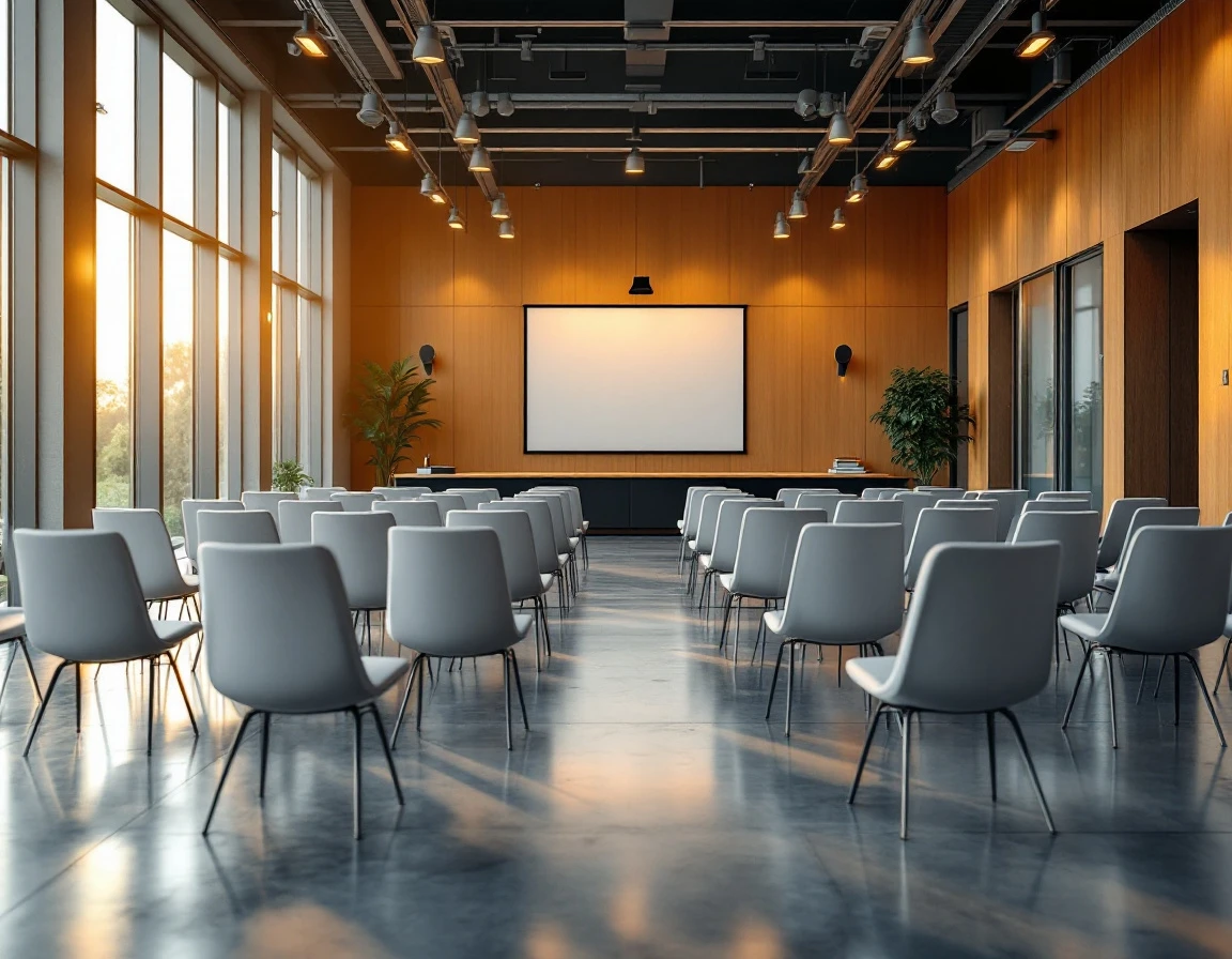 Empty modern training room with contemporary seating arranged for leadership development workshop