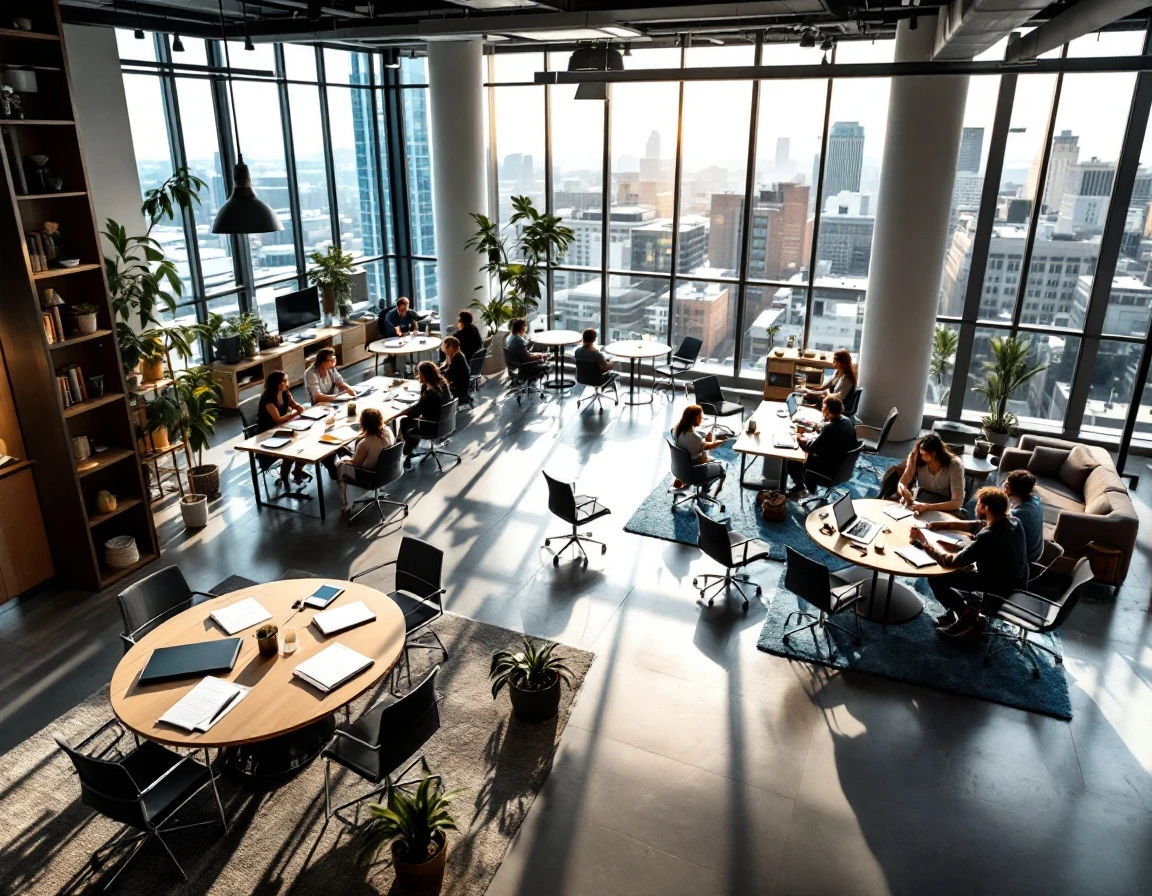 Progressive training environment showing structured learning zones flowing from collaborative to executive spaces