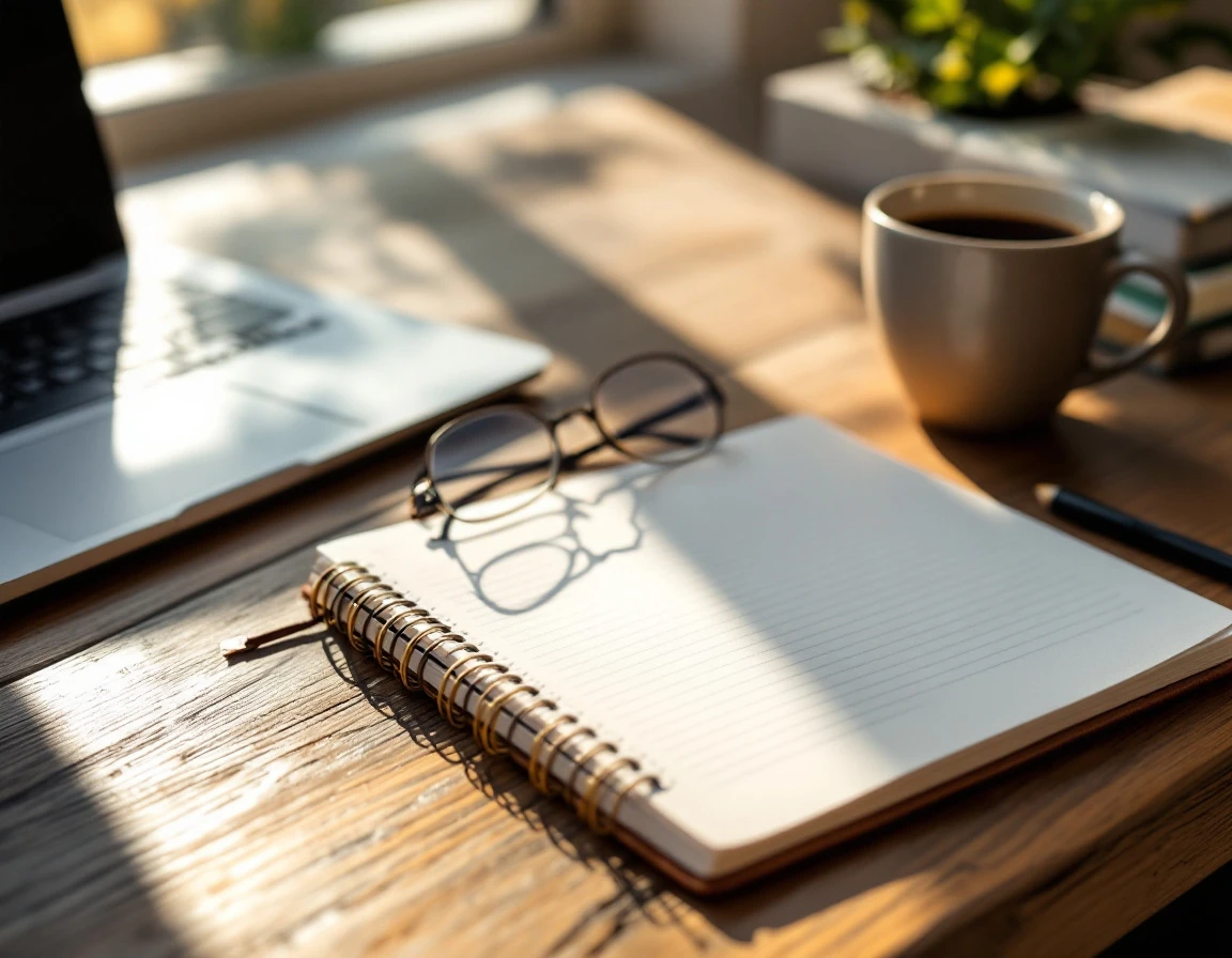Wooden desk with laptop, coffee, notebook, and glasses in natural window light for professional development