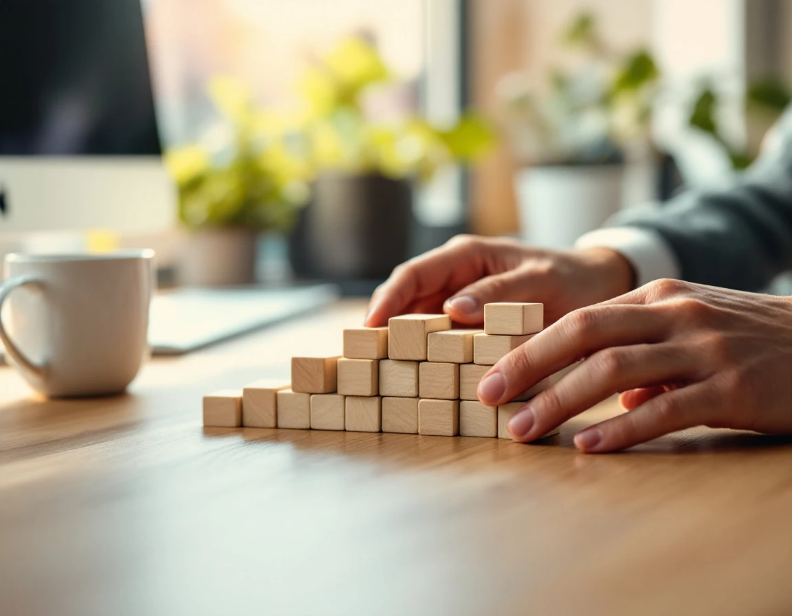 Hands arranging wooden learning blocks in progressive stacks on workspace showing incremental skill development