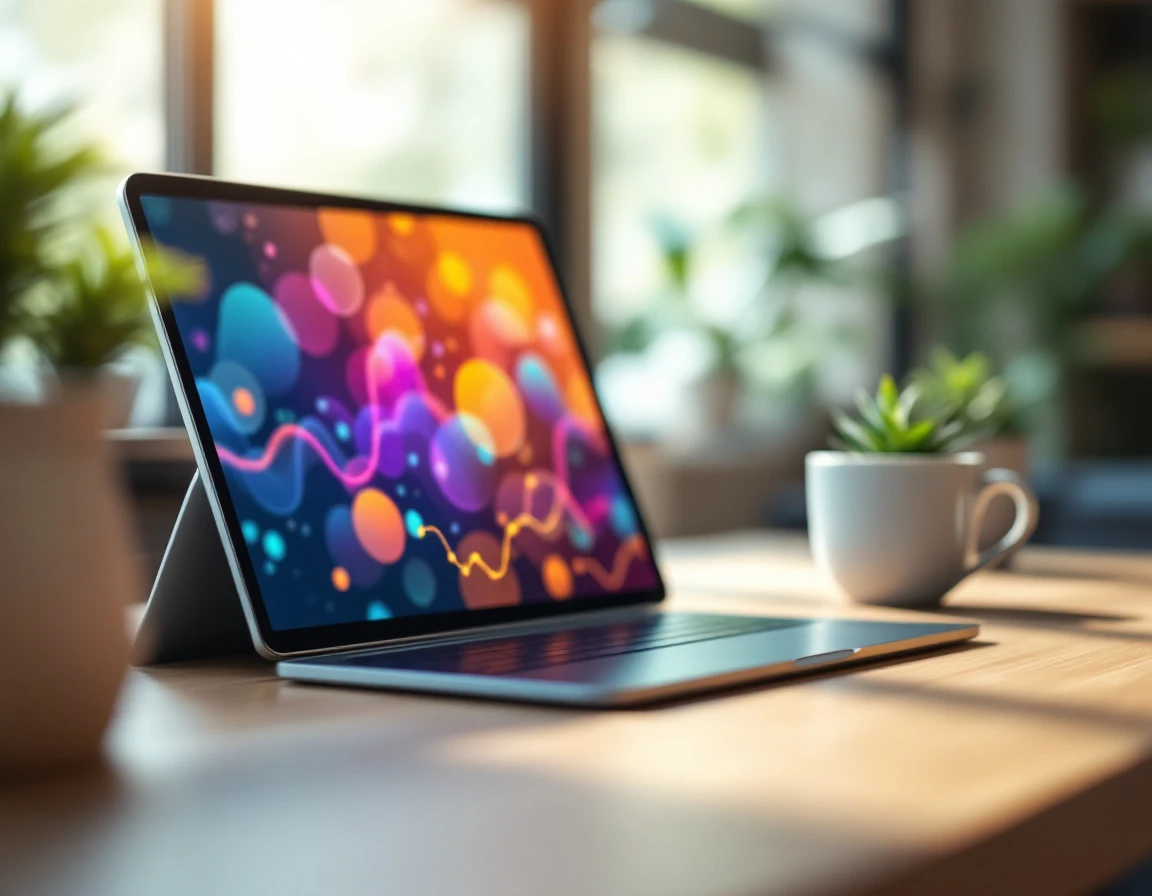 Tablet displaying blurred analytics visualization on wooden desk with coffee and plant in natural light