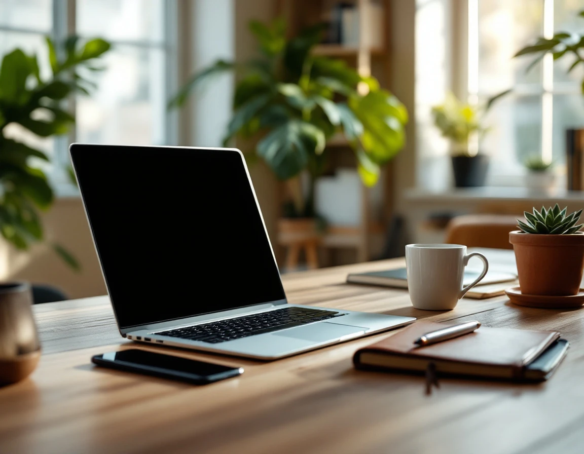 Modern home office workspace with laptop, coffee, and plants in natural window light