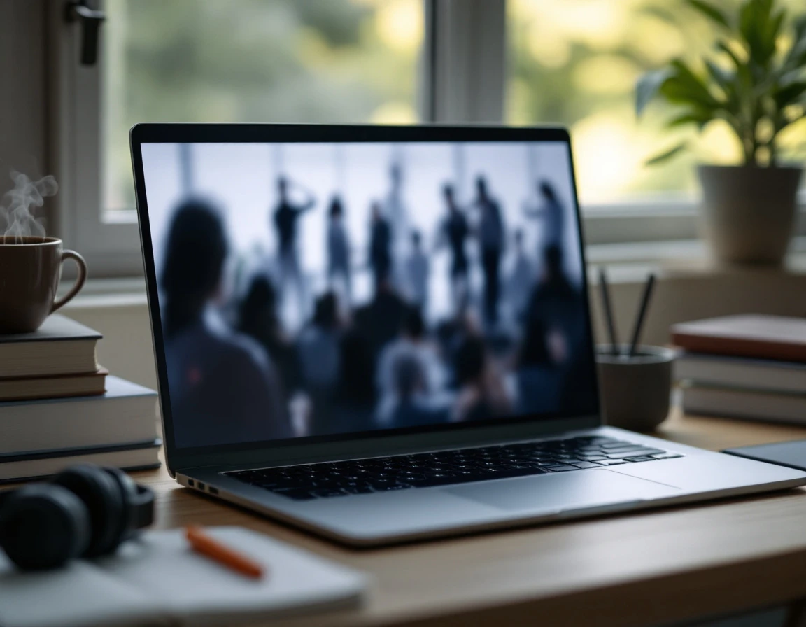 Laptop workspace with blurred video conference screen showing remote training environment and learning materials