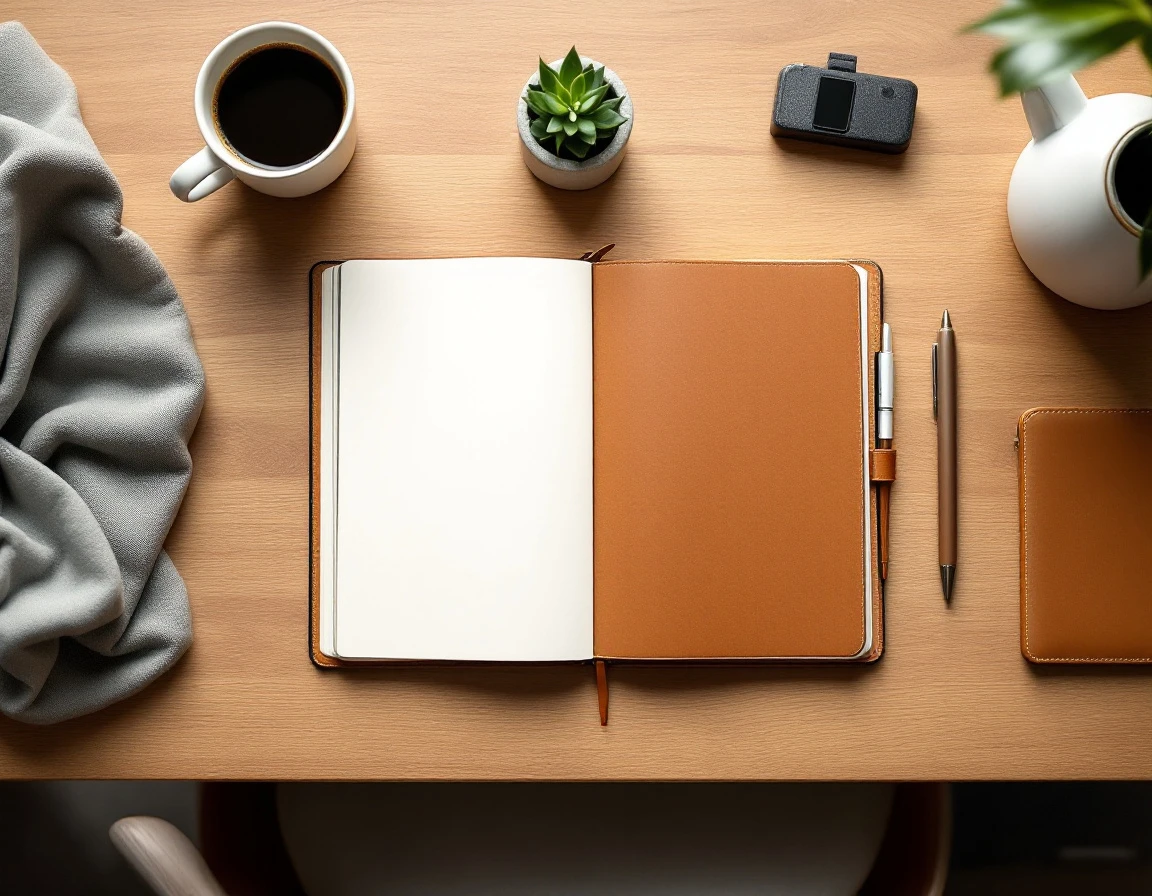 Overhead view of organized workspace with blank notebook, coffee, and plant representing structured onboarding planning