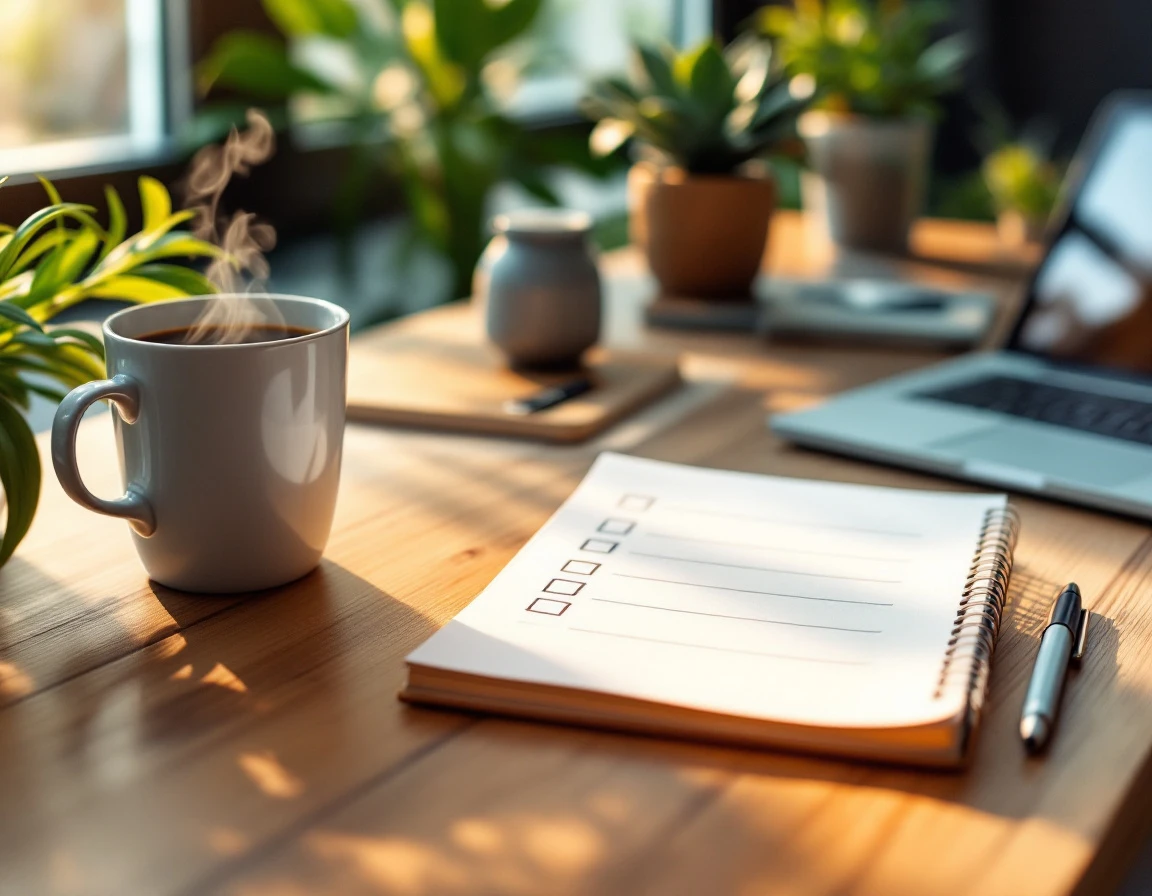 Organized workspace with notebook checklist and coffee during employee onboarding preparation