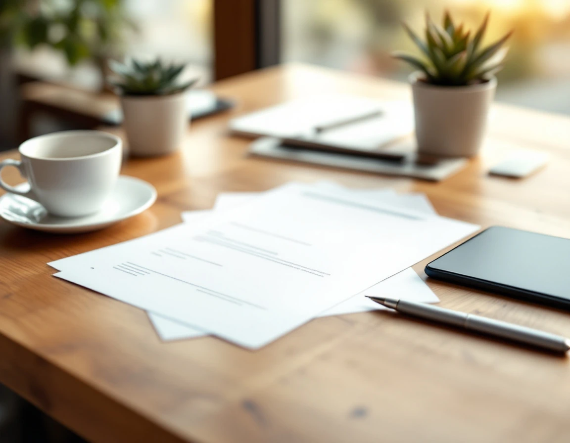 Wooden desk with onboarding materials, coffee cup, pen, and plant in natural office lighting