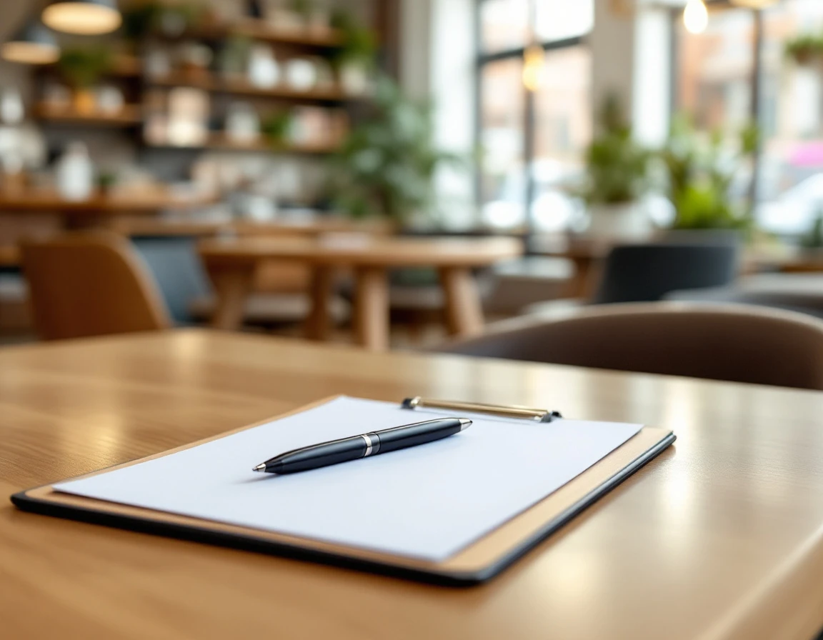 Wooden clipboard with blank form and pen on office desk ready for retail employee performance observation