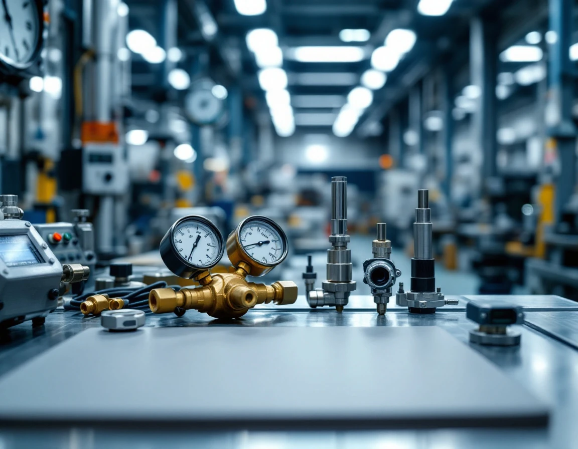 Industrial measurement gauges and quality control instruments arranged on metal workbench in manufacturing facility