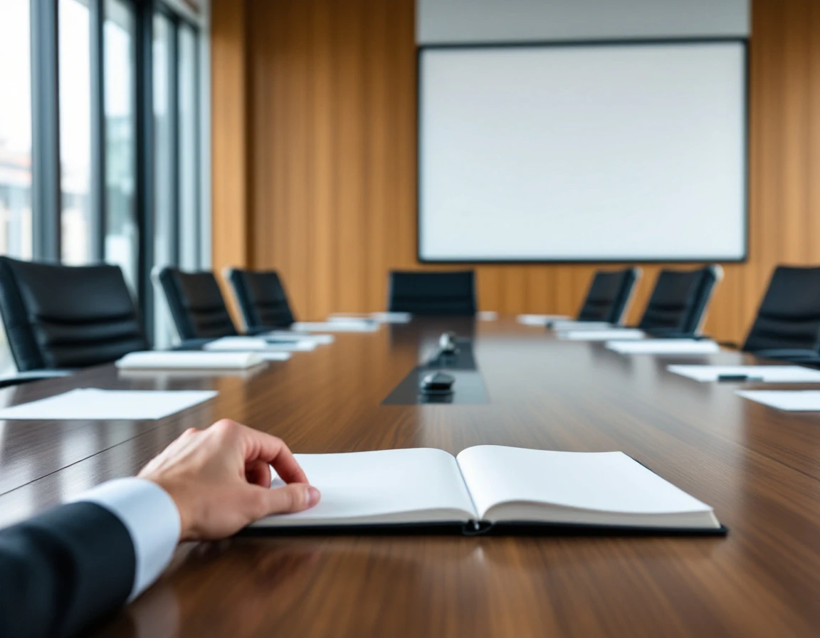 Modern boardroom conference table with blank papers and notebook during governance planning session