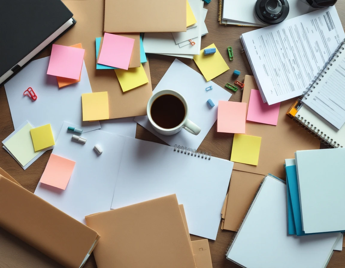 Overhead view of cluttered office desk with blank papers, folders, and sticky notes representing onboarding workload