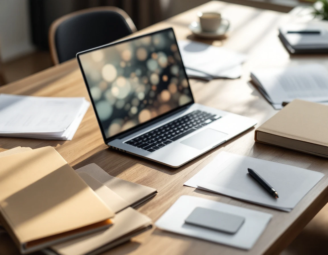 Organized business desk with laptop and training materials representing onboarding workflow management
