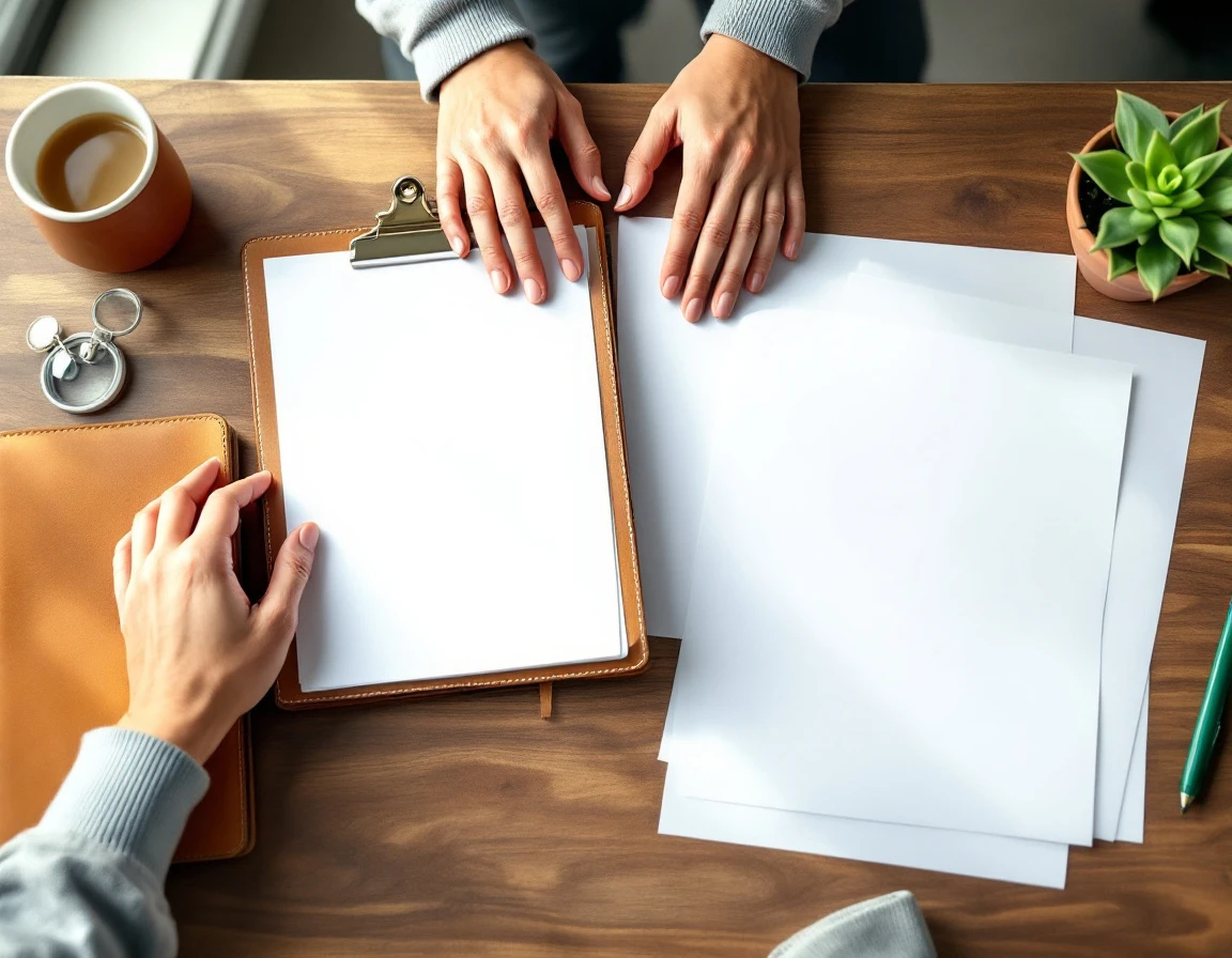 Professional hands arranging blank training materials on wooden desk with leather notebook and succulent plant