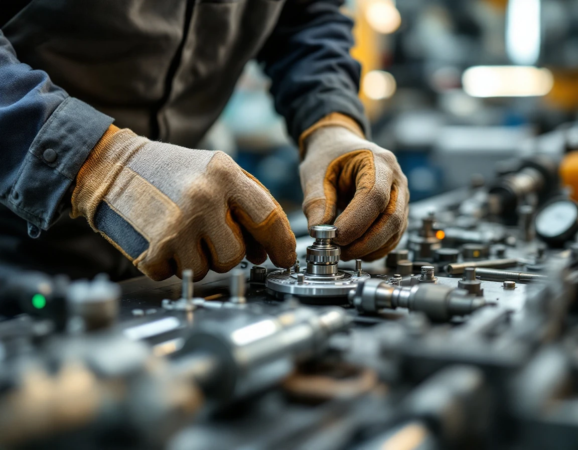 Technician's hands operating precision manufacturing equipment in an industrial workspace